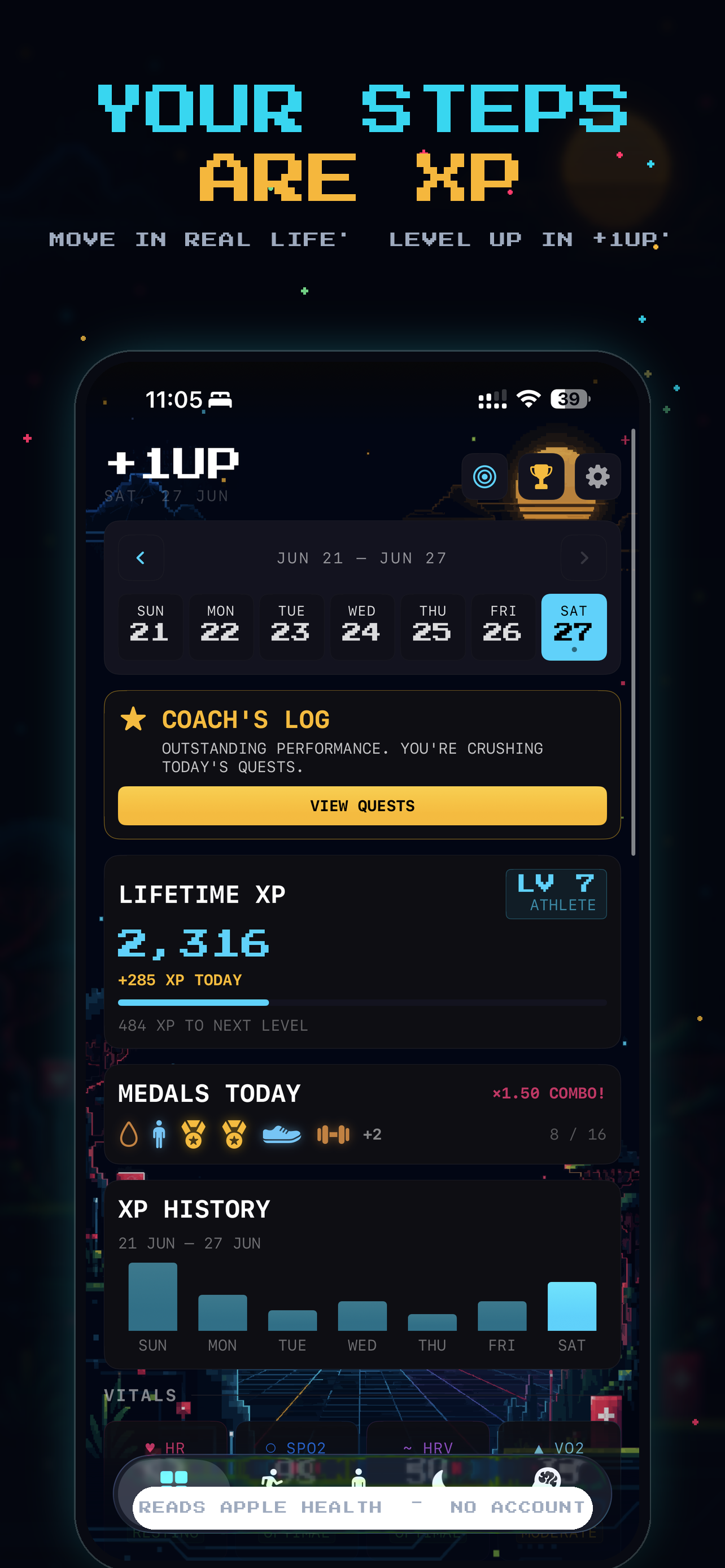 +1UP dashboard showing level, XP bar and today's medals
