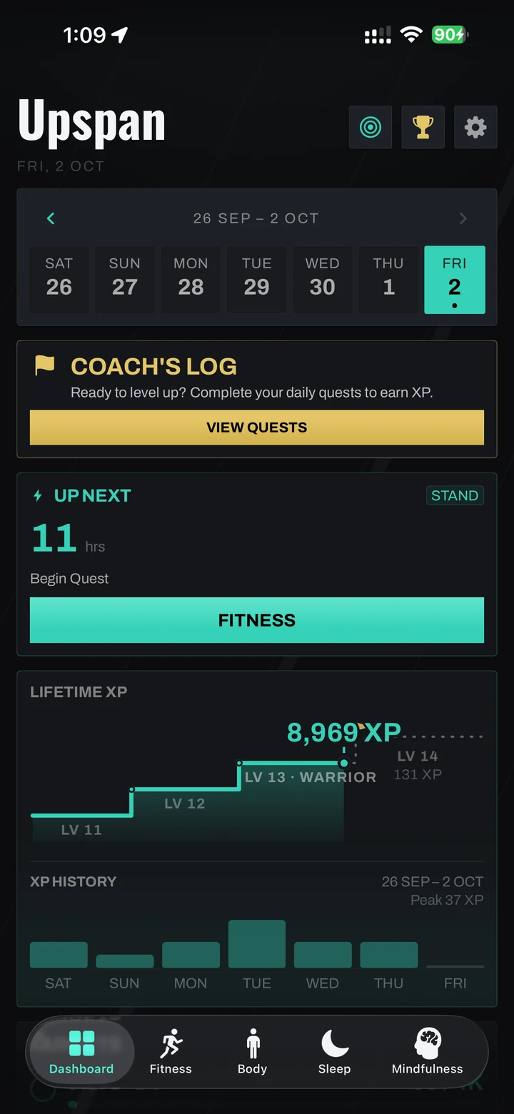 Upspan dashboard with the week, the next goal and a lifetime XP chart