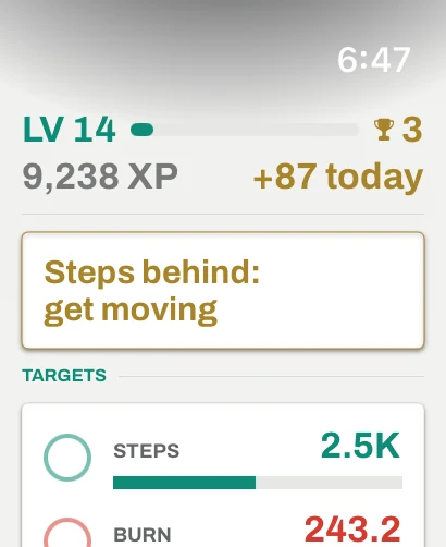 Upspan on Apple Watch showing the current level, lifetime XP and today's targets